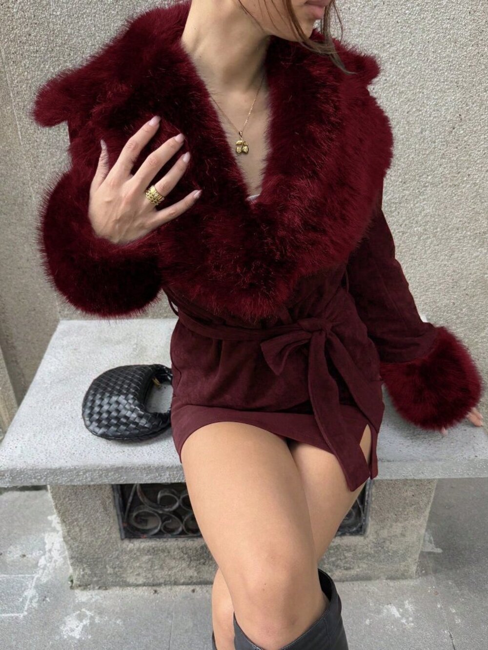 Burgundy Casual Women's Faux Fur Collar Waist Belt Slim Fit Long Sleeve Jacket